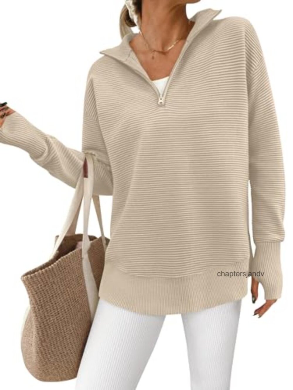 Womens Ribbed Knit Quarter Zip Pullover Sweater Long Sleeve